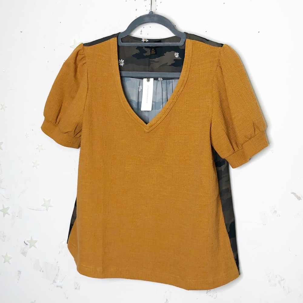 Anthropologie Mustard Puff Sleeve Blouse